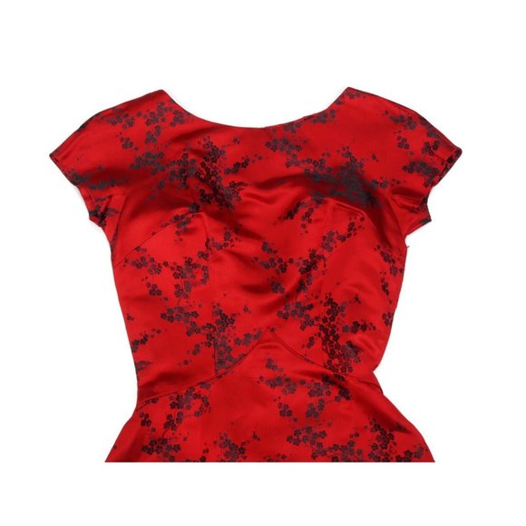 Vintage 60's Hong Kong Red Chinese Floral Fitted Darted Swing Dresss size XS /78 - Picture 2 of 4